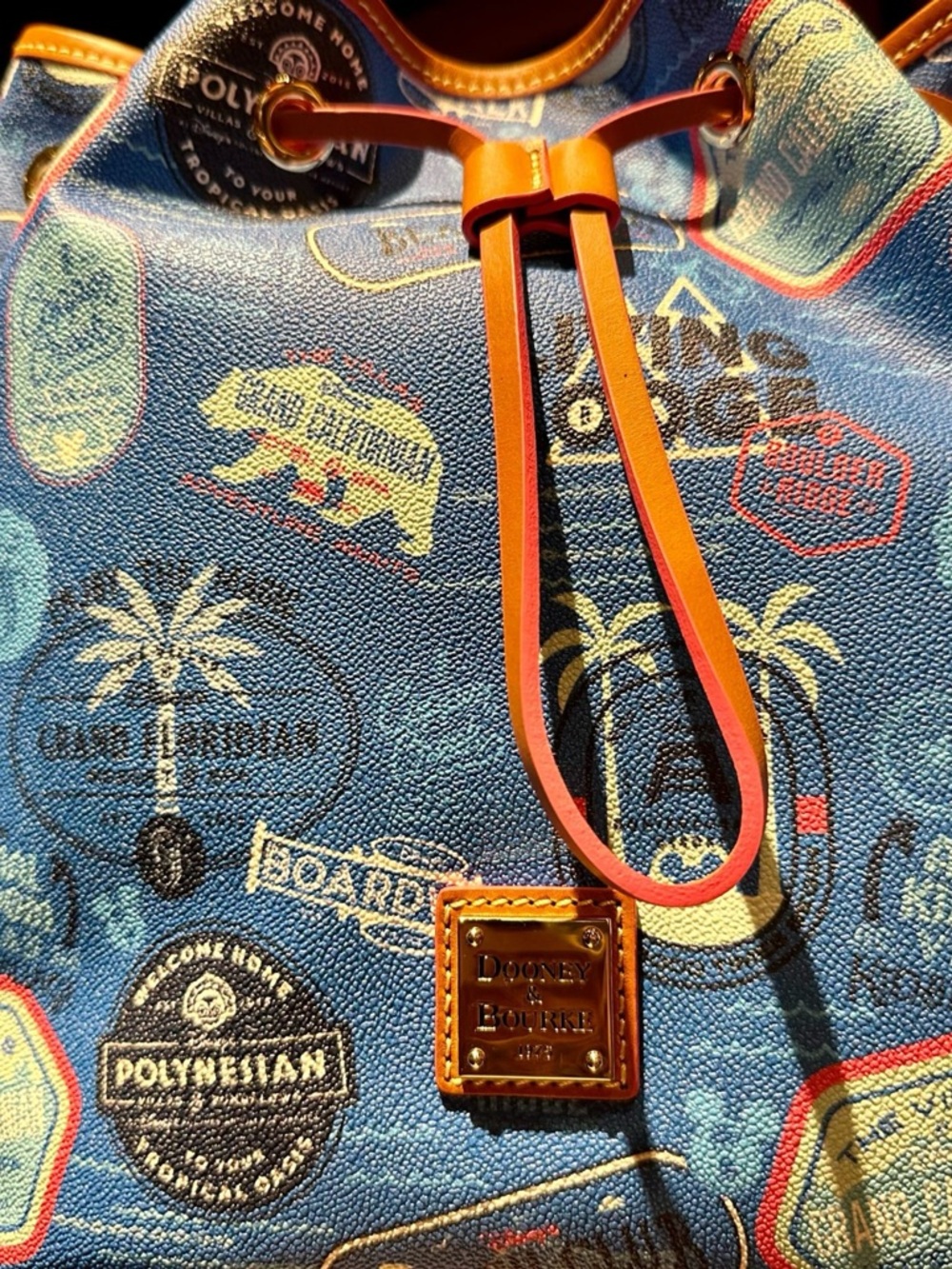 Dooney & Bourke Blue Travel Patch Drawstring Backpack with Tan Trim